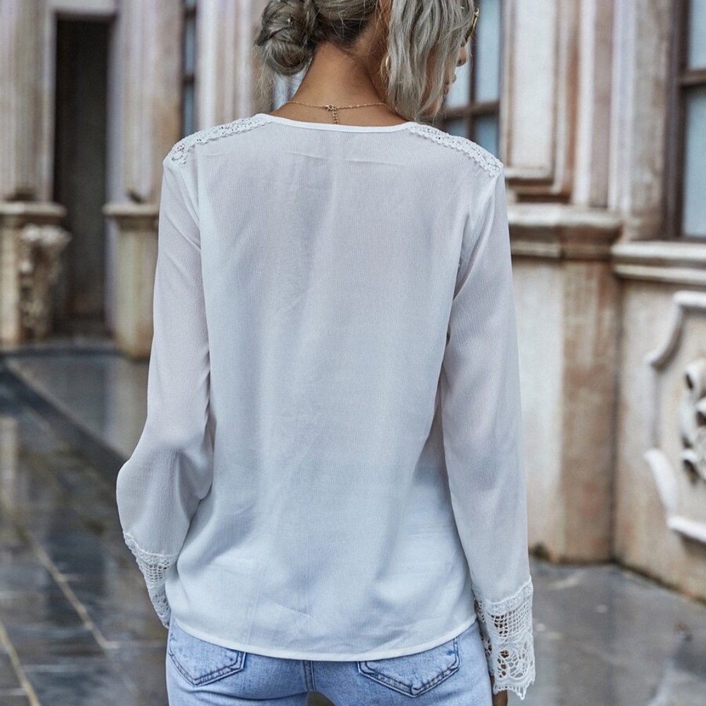White lace v neck spring preppy boho top - Picture 3 of 4
